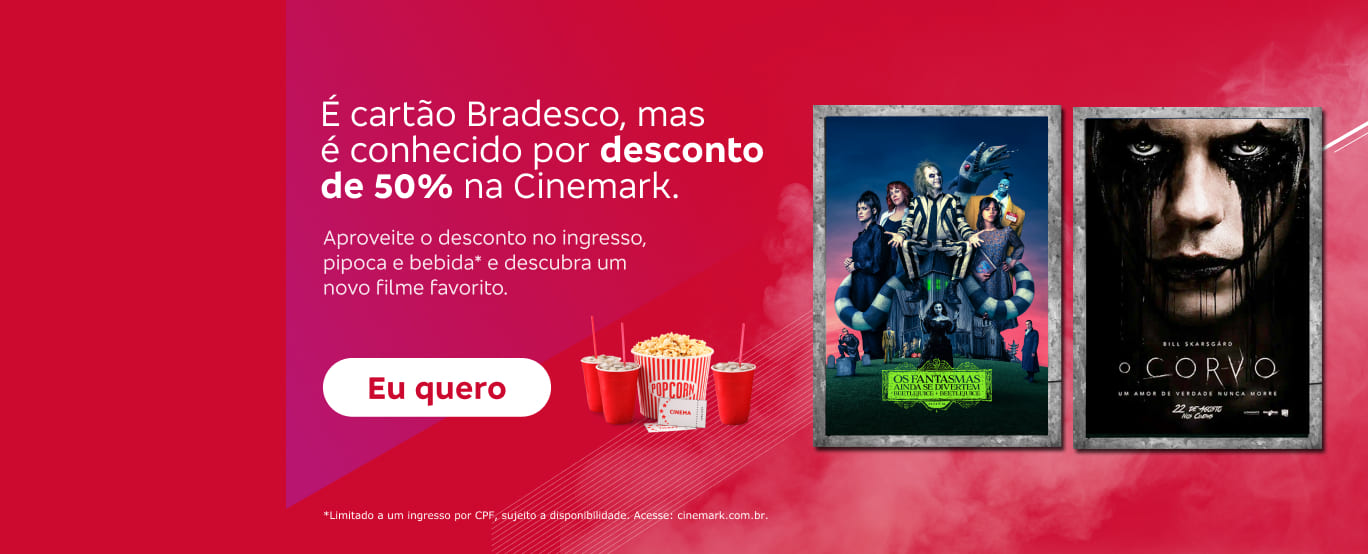 #BradescoAcessível #PraTodoMundoVer Texto: É cartão Bradesco, mas é conhecido por desconto de 50% na Cinemark. Aproveite o desconto no ingresso, pipoca e bebida* e descubra um novo filme favorito. Botão: Eu quero. Texto legal: *Limitado a um ingresso por CPF, sujeito a disponibilidade. Acesse: cinemark.com.br .
              Imagem: A parte esquerda da imagem tem o texto promocional, botão e texto legal (nessa ordem) sobre um fundo vermelho com degradê roxo na lateral e grafismos dourados. No centro, há dois pôsteres dos filmes “Os fantasmas Ainda Se Divertem” e “O Corvo”. Ambas as imagens estão envoltas de neblina e, à esquerda, tem a representação de um balde de pipoca, três copos de refrigerante e um ingresso.