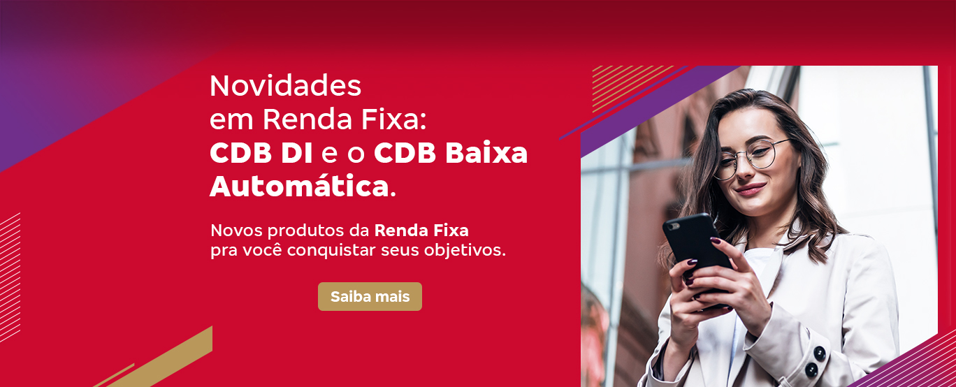 #BradescoAcessivel #PraTodoMundoVer Temos uma imagem com fundo vermelho e grafismos brancos, onde do lado esquerdo está o seguinte texto em destaque: 'Novidades em Renda Fixa: CDB DI e o CDB Baixa Automática.' Logo abaixo temos o botão: Saiba mais. Já no lado direito temos a foto de uma mulher, sorrindo, olhando para o celular.